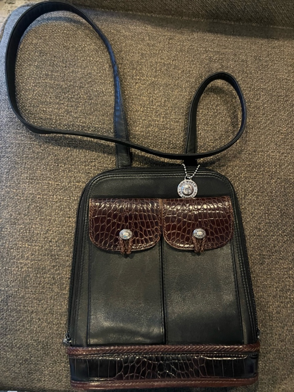 Brighton Cross Body Bag Purse Black Brown Leather, Croc-Embossed Trim Vintage